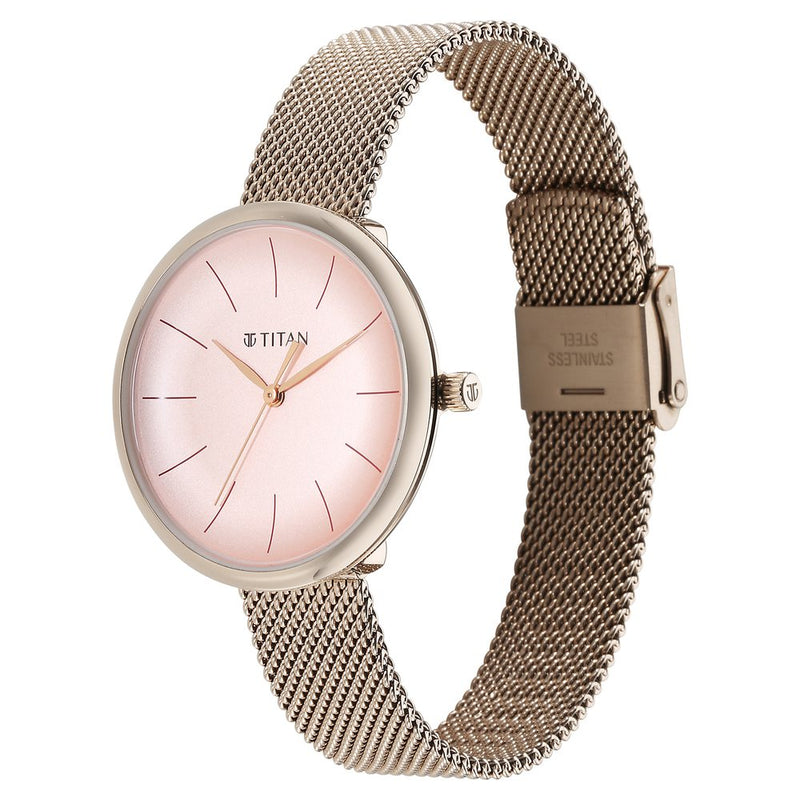 Titan Slimline Quartz Analog Pink Dial Rose Gold Stainless Steel Strap Watch for Women