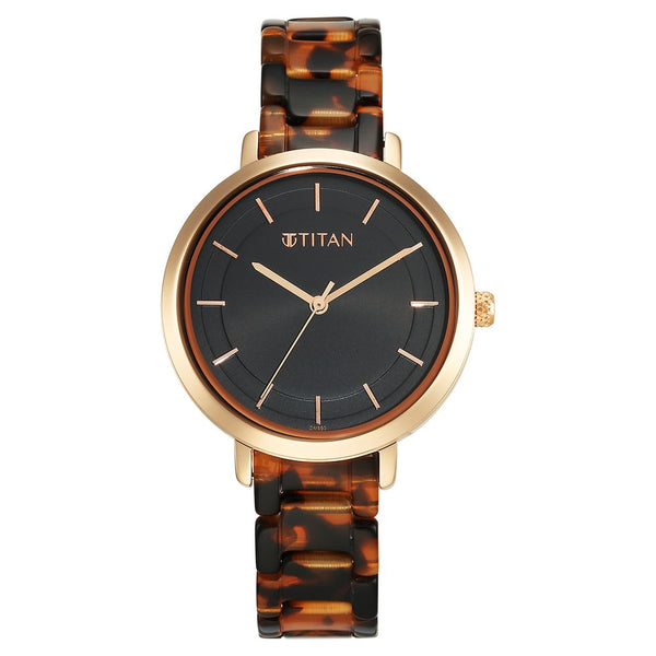 Titan Purple Acetate Quartz Analog Black Dial Brass & Acetate Strap Watch for Women