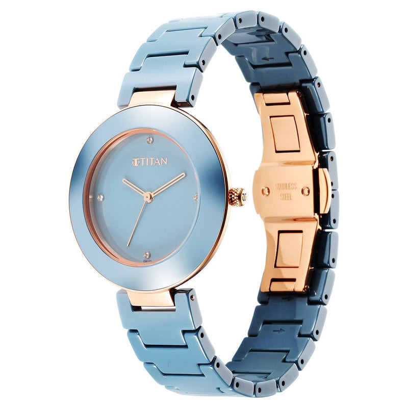 Titan Purple Ceramics Blue Dial Analog Ceramic Strap Watch for Women