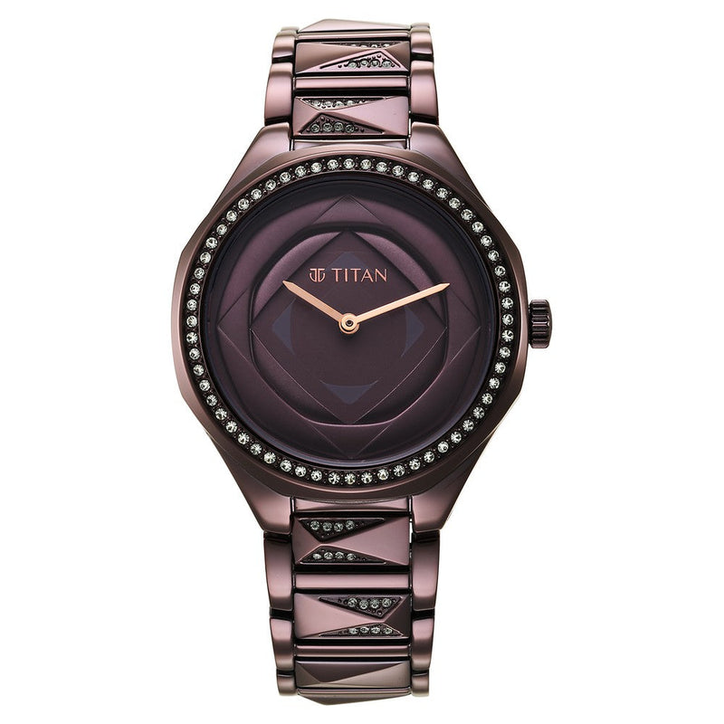 Titan Purple Glitz Analog Quartz Stainless Steel Strap Watch for Women