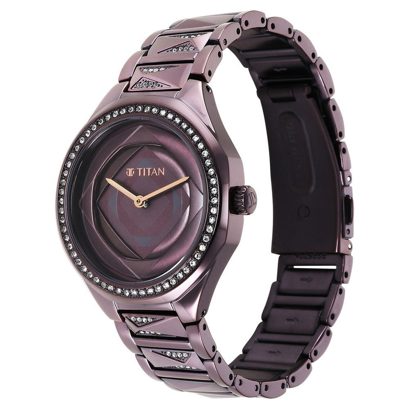 Titan Purple Glitz Analog Quartz Stainless Steel Strap Watch for Women