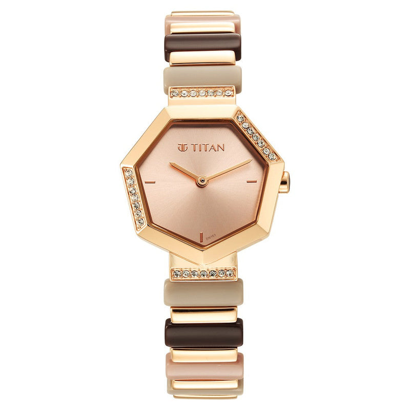 Titan Glitz Rose Gold Dial Analog Metal and Plastic Strap watch for Women