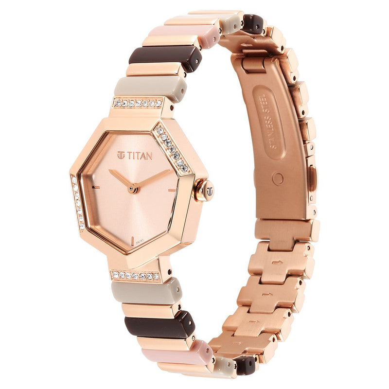 Titan Glitz Rose Gold Dial Analog Metal and Plastic Strap watch for Women