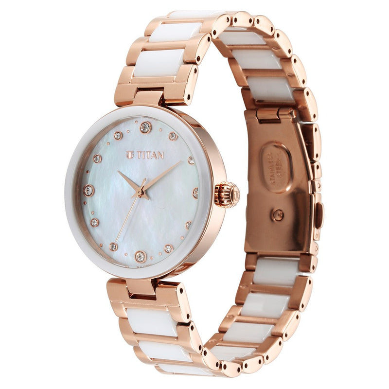 Titan Purple Ceramics Mother Of Pearl Dial Analog Steel and Ceramic Strap watch for Women