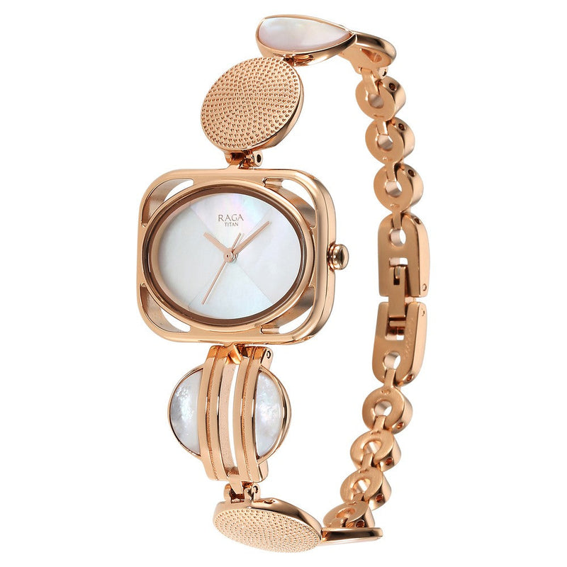 Titan Raga Power Pearls Quartz Analog Mother Of Pearl Dial Metal Strap Watch for Women