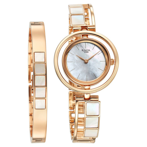 Titan Raga Power Pearls Quartz Analog Mother Of Pearl Dial Metal Strap Watch for Women