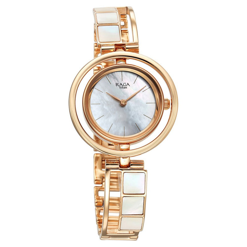 Titan Raga Power Pearls Quartz Analog Mother Of Pearl Dial Metal Strap Watch for Women