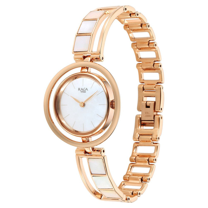 Titan Raga Power Pearls Quartz Analog Mother Of Pearl Dial Metal Strap Watch for Women