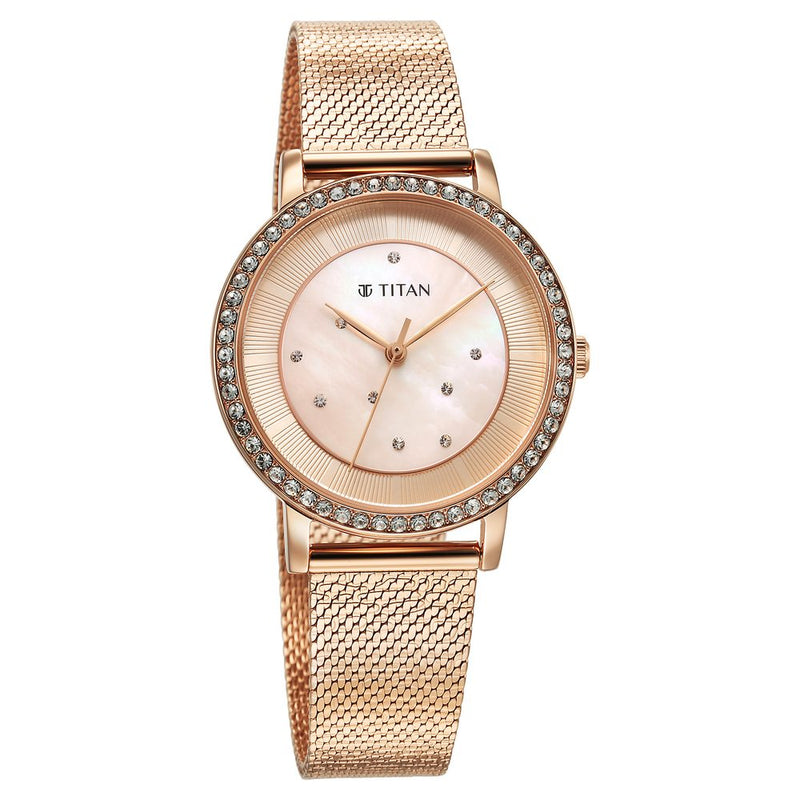 Titan Purple Style Up Quartz Analog Pink Dial Stainless Steel Strap Watch for Women