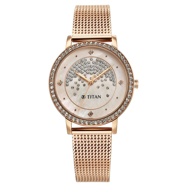 Titan Purple Style Up Quartz Analog Pink Dial Stainless Steel Strap Watch for Women