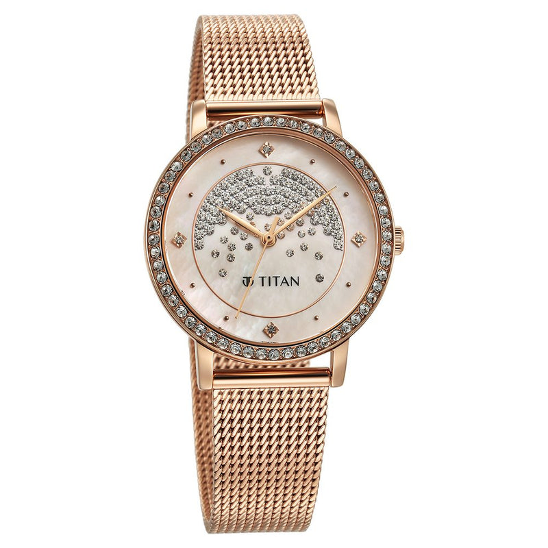 Titan Purple Style Up Quartz Analog Pink Dial Stainless Steel Strap Watch for Women