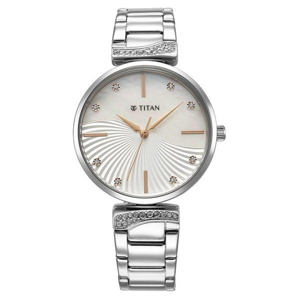 Titan Purple Style Up Quartz Analog Mother Of Pearl Dial Stainless Steel Strap Watch for Women