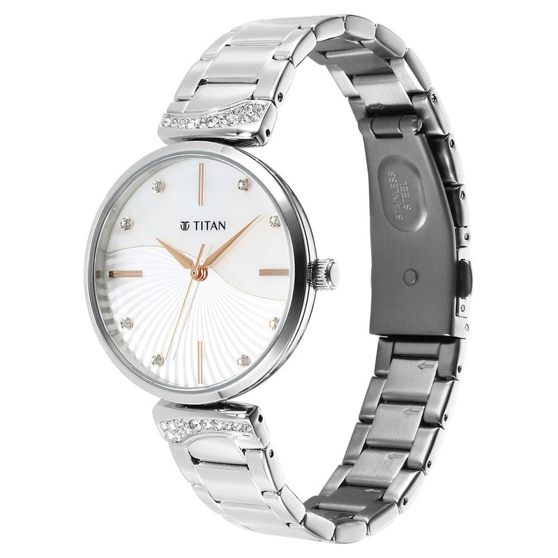 Titan Purple Style Up Quartz Analog Mother Of Pearl Dial Stainless Steel Strap Watch for Women