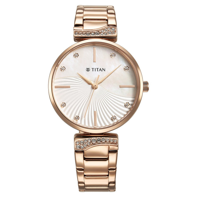 Titan Purple Style Up Quartz Analog Mother Of Pearl Dial Stainless Steel Strap Watch for Women