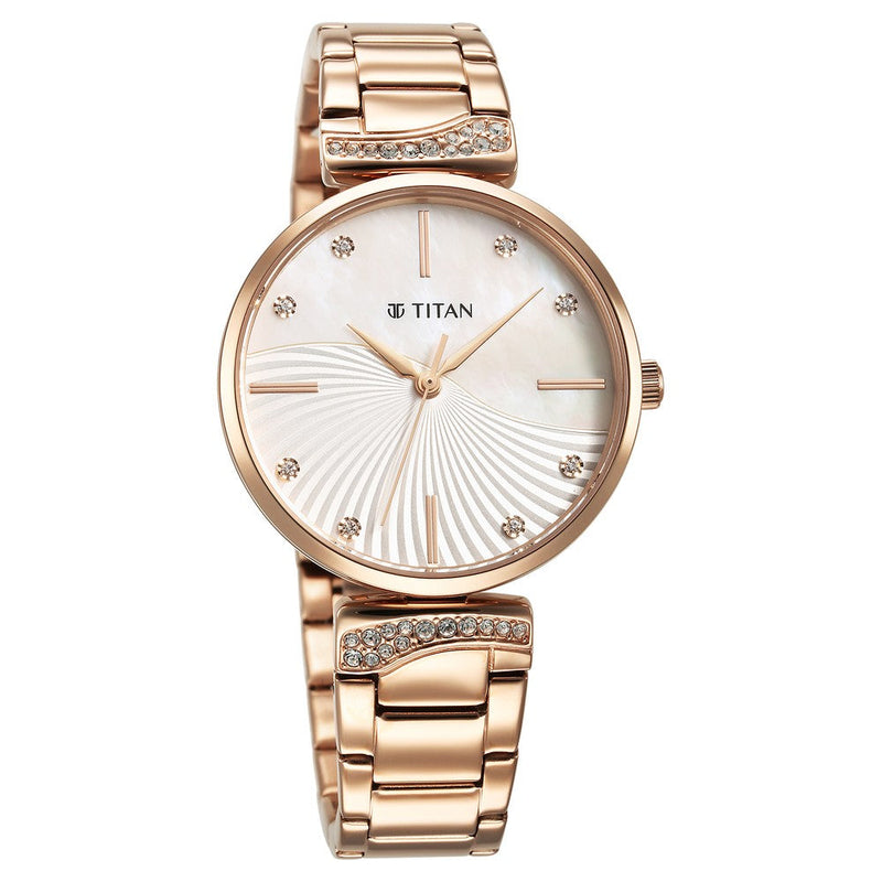 Titan Purple Style Up Quartz Analog Mother Of Pearl Dial Stainless Steel Strap Watch for Women