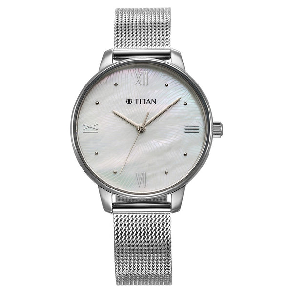 Titan Purple Style Up Quartz Analog Mother Of Pearl Dial Stainless Steel Strap Watch for Women