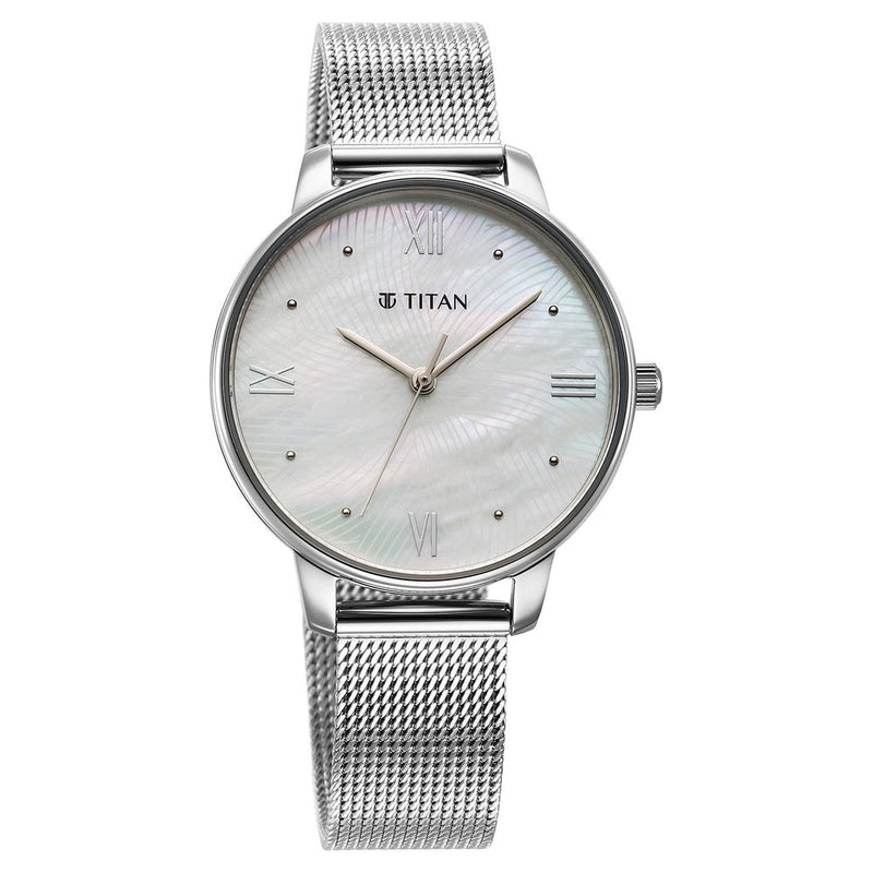 Titan Purple Style Up Quartz Analog Mother Of Pearl Dial Stainless Steel Strap Watch for Women