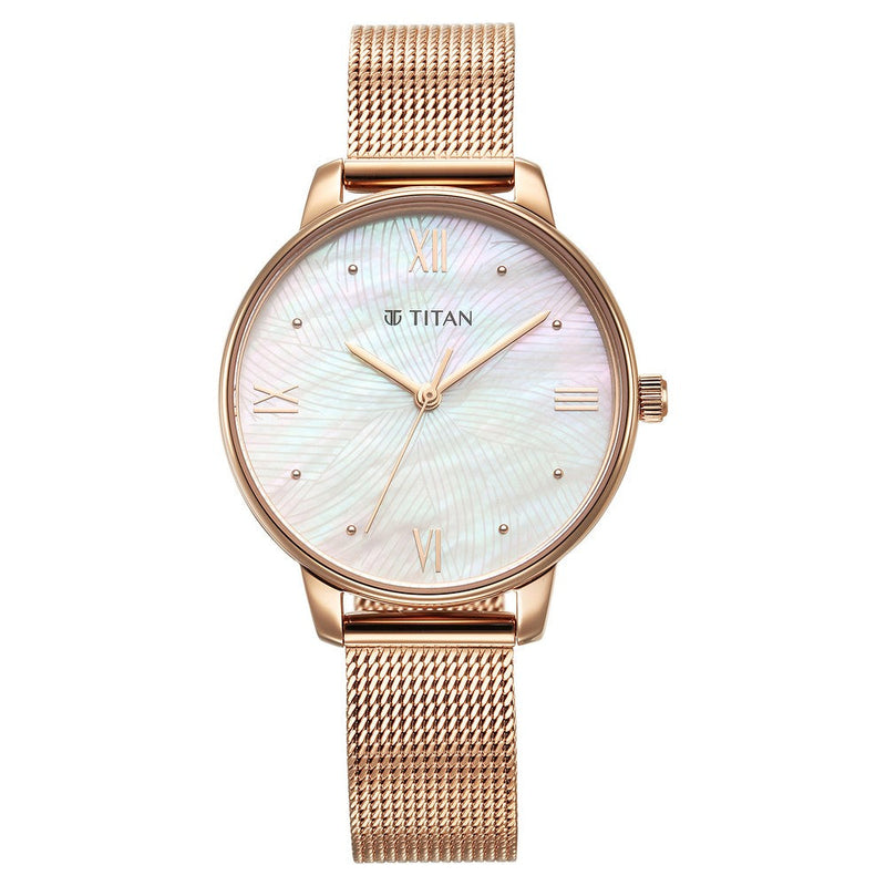 Titan Purple Style Up Quartz Analog Mother Of Pearl Dial Stainless Steel Strap Watch for Women