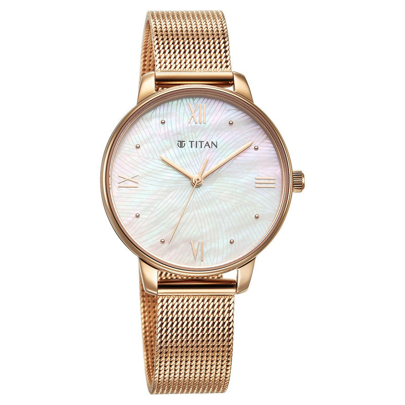 Titan Purple Style Up Quartz Analog Mother Of Pearl Dial Stainless Steel Strap Watch for Women