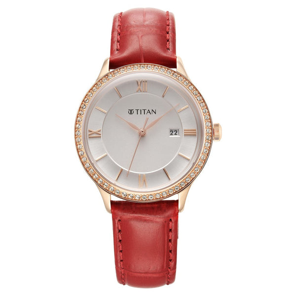 Titan Bright Leathers Silver Dial Analog Red Leather Strap Watch for Women