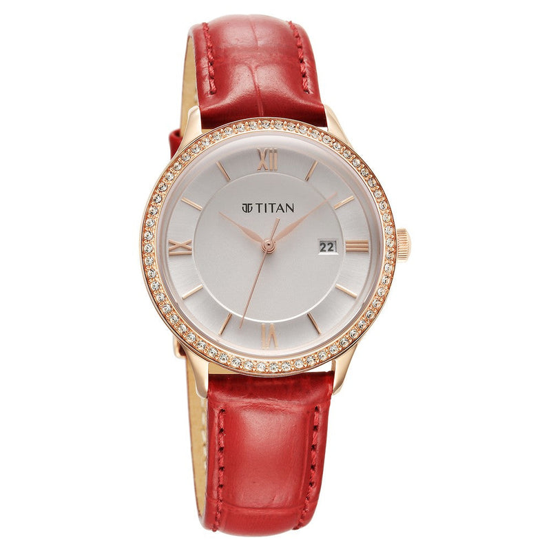 Titan Bright Leathers Silver Dial Analog Red Leather Strap Watch for Women