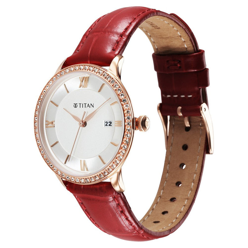 Titan Bright Leathers Silver Dial Analog Red Leather Strap Watch for Women