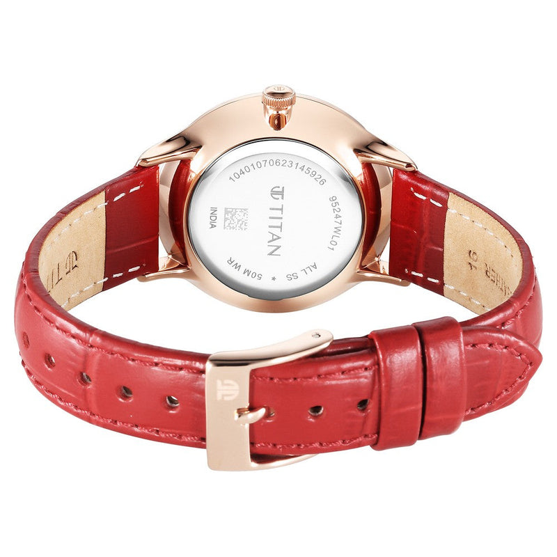 Titan Bright Leathers Silver Dial Analog Red Leather Strap Watch for Women