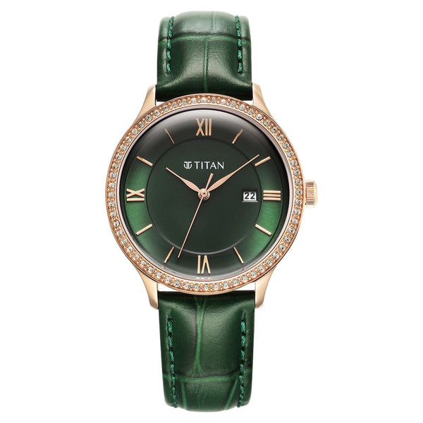 Titan Bright Leathers Green Dial Analog Leather Strap Watch for Women