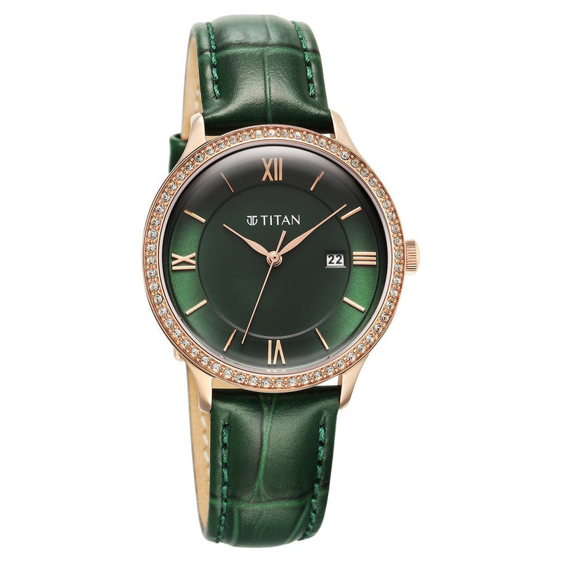 Titan Bright Leathers Green Dial Analog Leather Strap Watch for Women