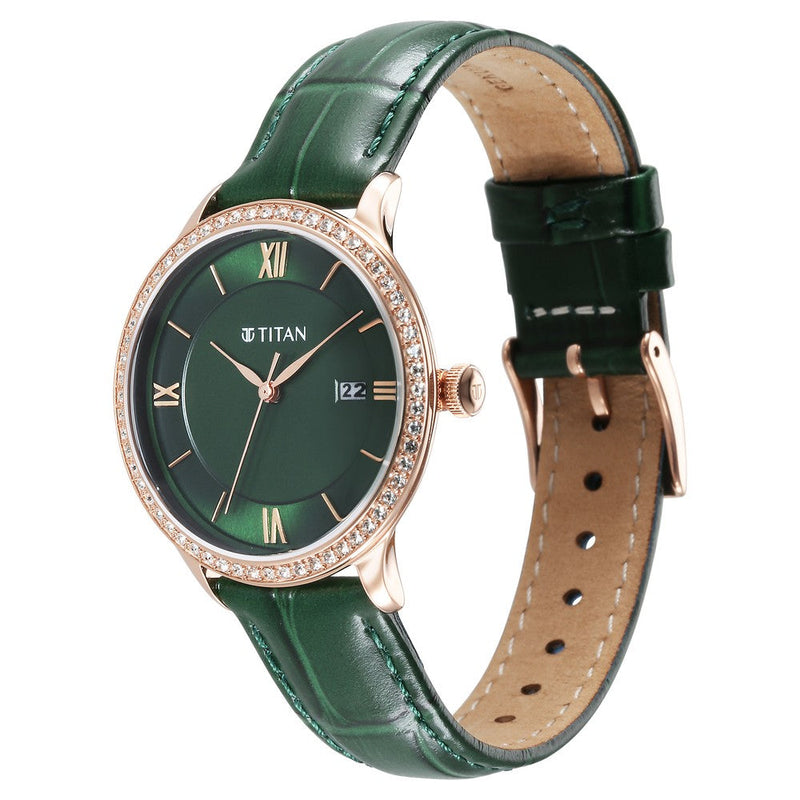 Titan Bright Leathers Green Dial Analog Leather Strap Watch for Women