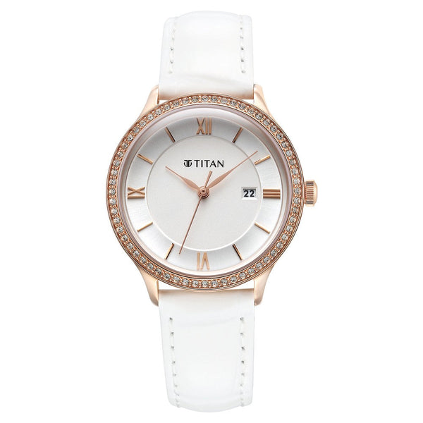 Titan Bright Leathers Silver Dial Analog Leather Strap watch for Women