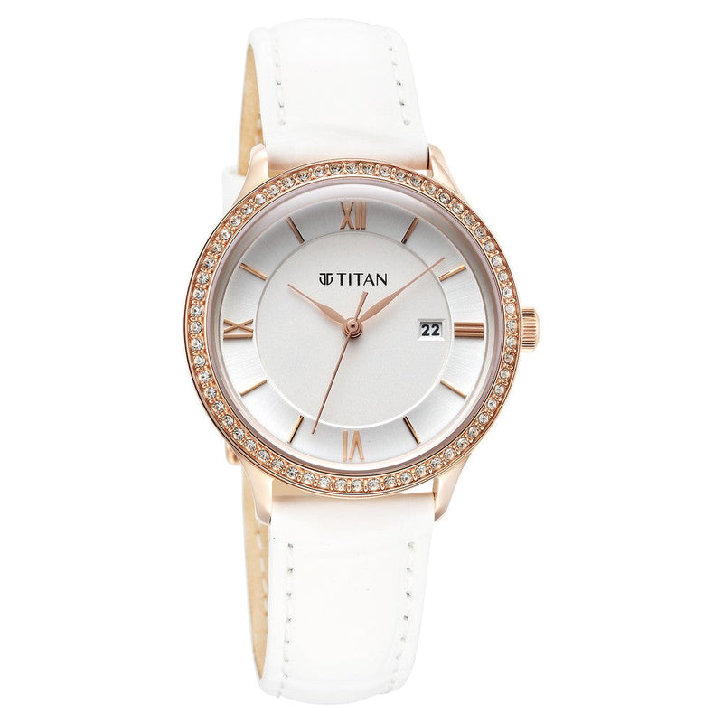 Titan Bright Leathers Silver Dial Analog Leather Strap watch for Women