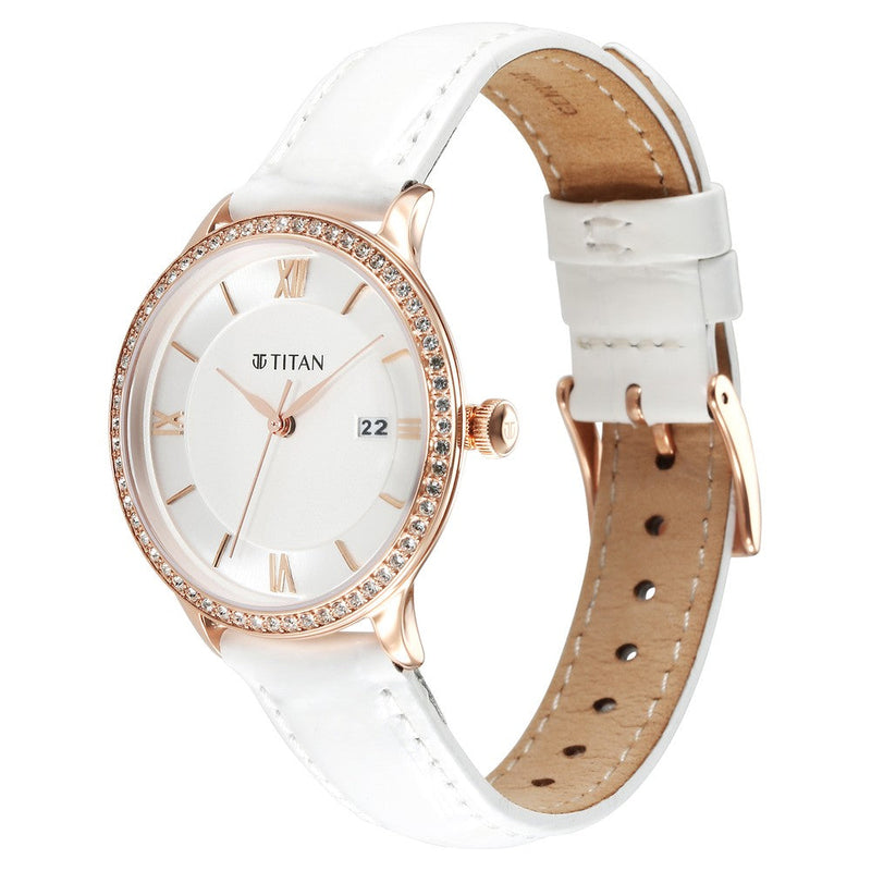 Titan Bright Leathers Silver Dial Analog Leather Strap watch for Women