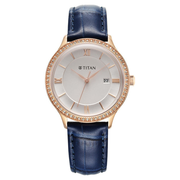 Titan Bright Leathers Quartz Analog with Date Silver Dial Leather Strap for Women