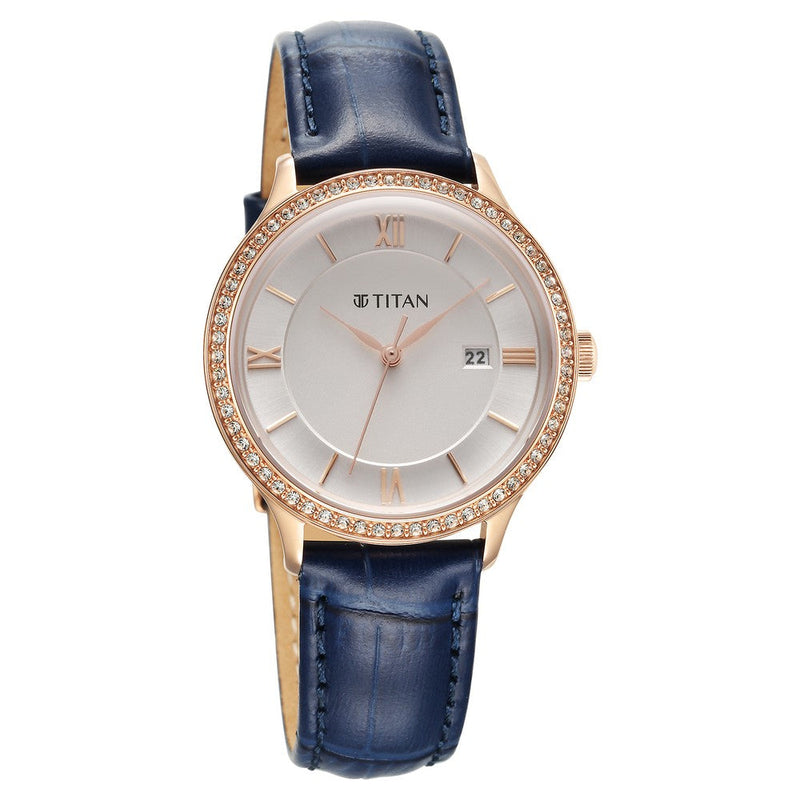 Titan Bright Leathers Quartz Analog with Date Silver Dial Leather Strap for Women