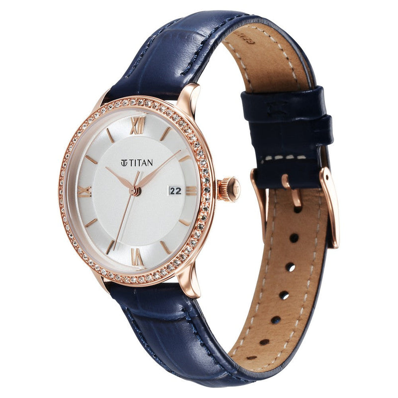 Titan Bright Leathers Quartz Analog with Date Silver Dial Leather Strap for Women