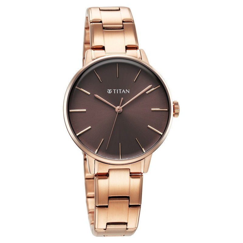 Titan TGIF Quartz Analog Brown Dial Rose Gold Stainless Steel Strap Watch for Women