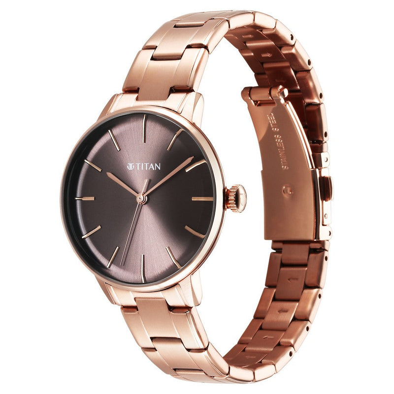 Titan TGIF Quartz Analog Brown Dial Rose Gold Stainless Steel Strap Watch for Women