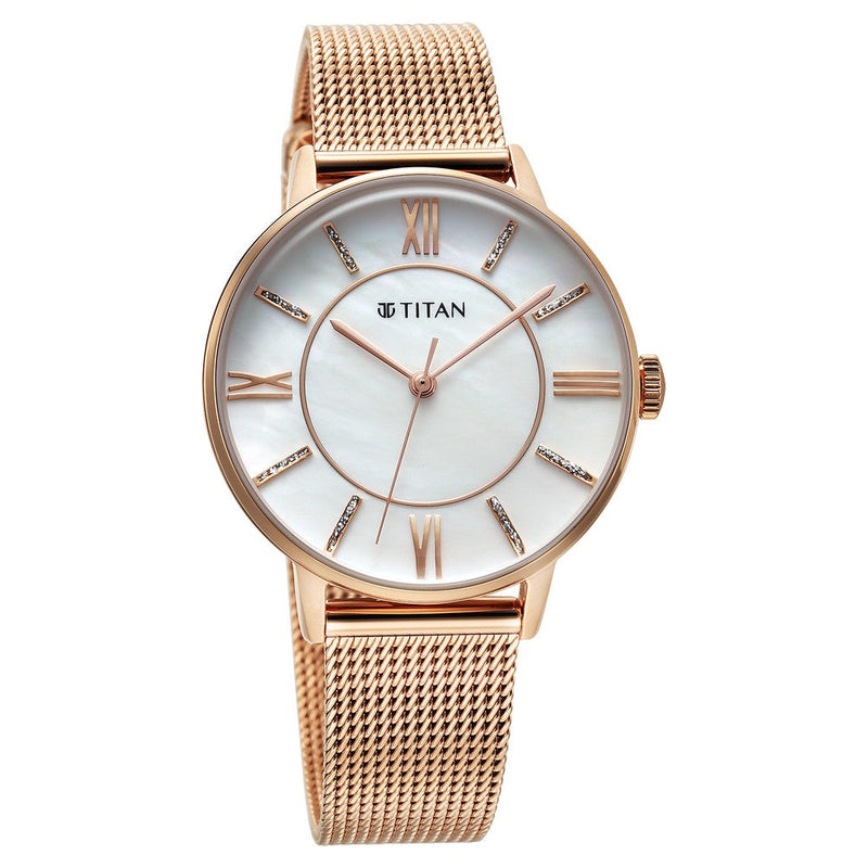 Titan TGIF Quartz Analog Mother Of Pearl Dial Rose Gold Stainless Steel Strap Watch for Women