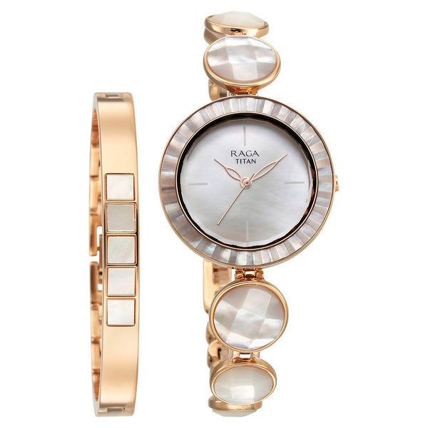 Titan Raga Power Pearls Quartz Analog Mother Of Pearl Dial faceted MOP Strap Watch for Women