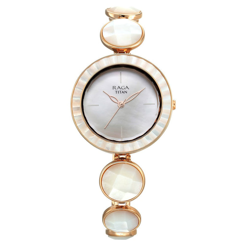 Titan Raga Power Pearls Quartz Analog Mother Of Pearl Dial faceted MOP Strap Watch for Women