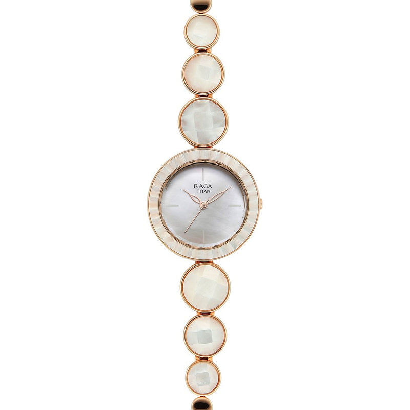 Titan Raga Power Pearls Quartz Analog Mother Of Pearl Dial faceted MOP Strap Watch for Women