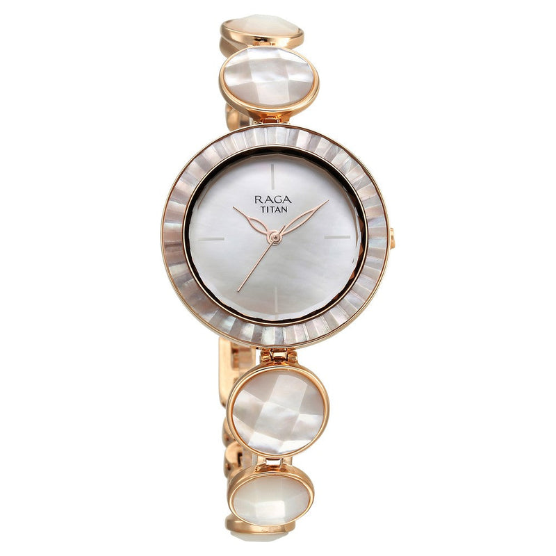 Titan Raga Power Pearls Quartz Analog Mother Of Pearl Dial faceted MOP Strap Watch for Women