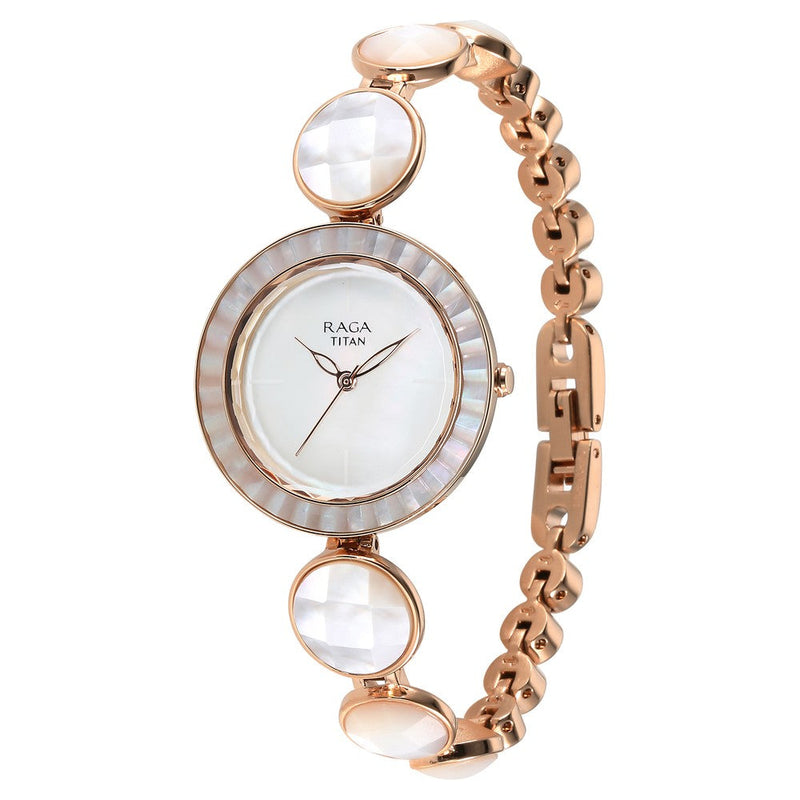 Titan Raga Power Pearls Quartz Analog Mother Of Pearl Dial faceted MOP Strap Watch for Women