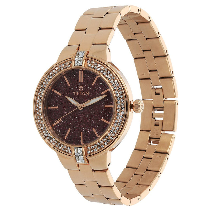 Titan Quartz Analog Red Dial Stainless Steel Strap Watch for Women