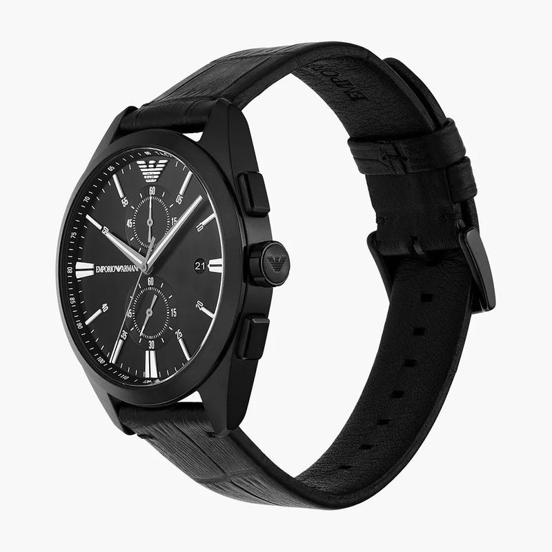 EMPORIO ARMANI CHRONOGRAPH BLACK LEATHER WATCH