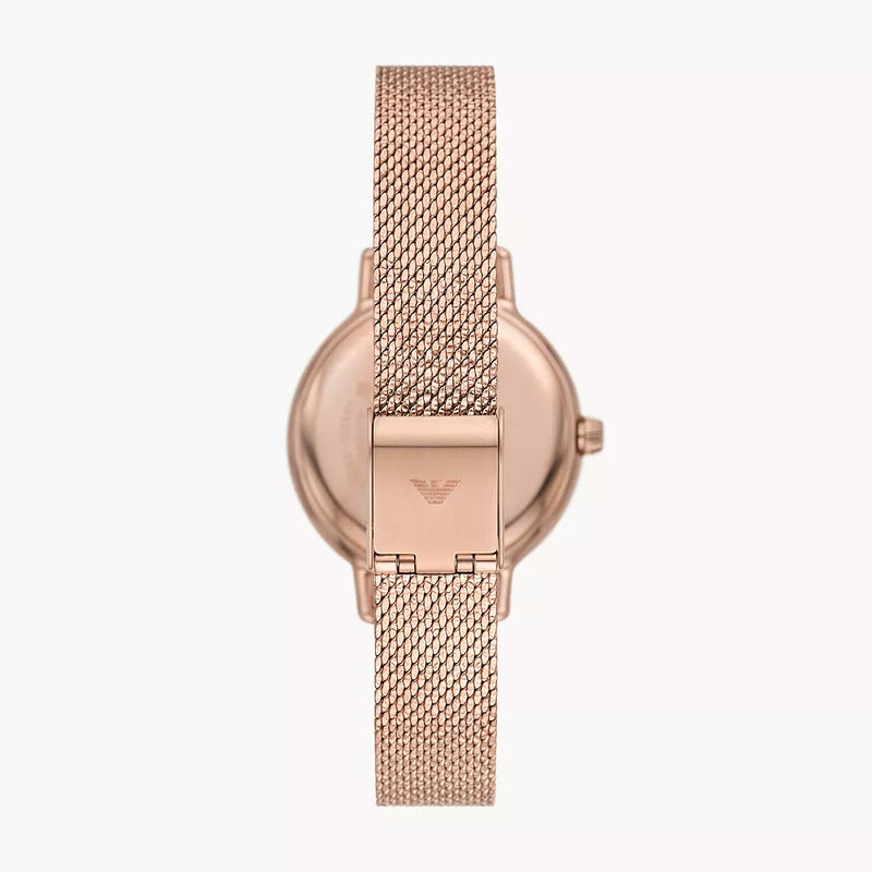 EMPORIO ARMANI THREE-HAND ROSE GOLD-TONE STAINLESS STEEL MESH WATCH