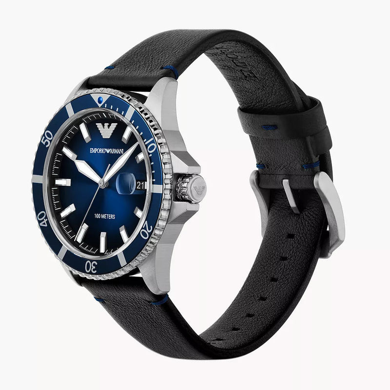 EMPORIO ARMANI THREE-HAND DATE BLACK LEATHER WATCH