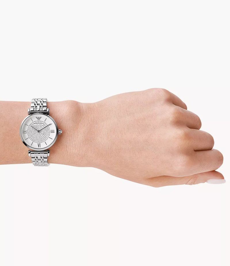 Emporio Armani Women's White Dial Gianni T-Bar Fashion Quartz Stainless Steel Silver Watch