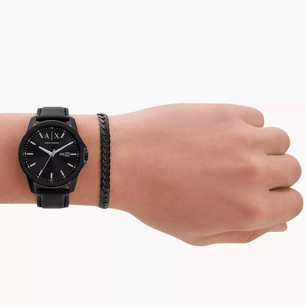 Armani Exchange Men's Three-Hand Day-Date Black Leather Watch And Blac
